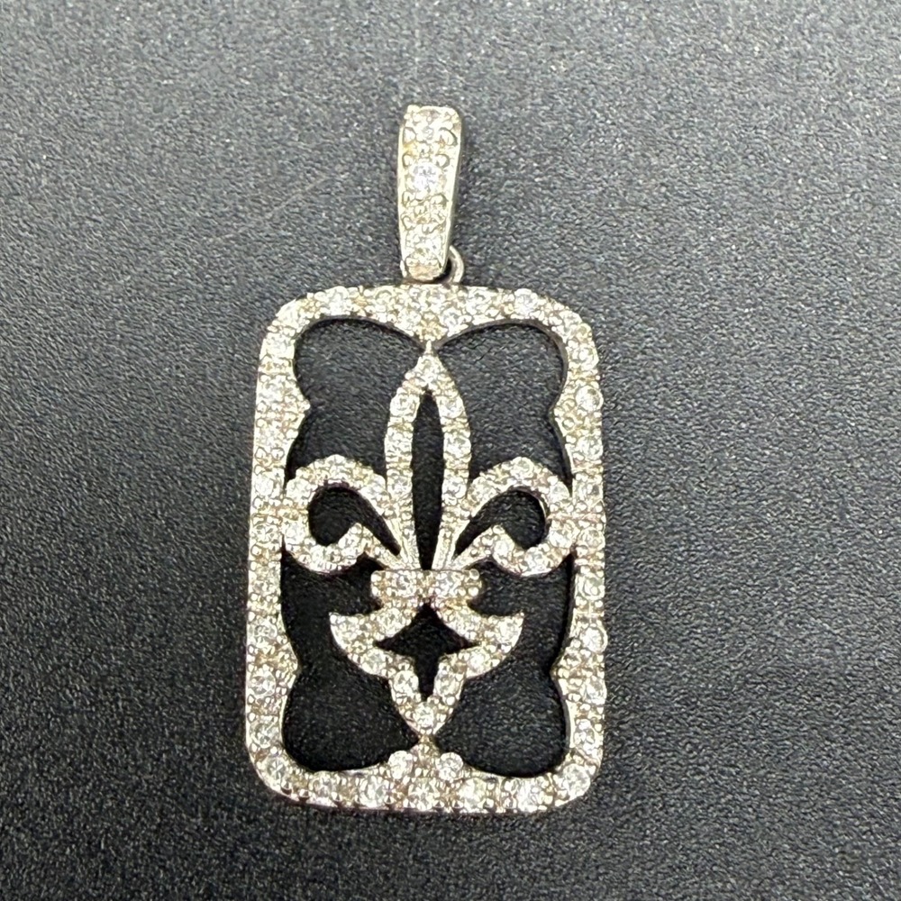 Vintage WS Pendant Silver Fleur De Lisโ Rhinestone Signed Sterling Silver